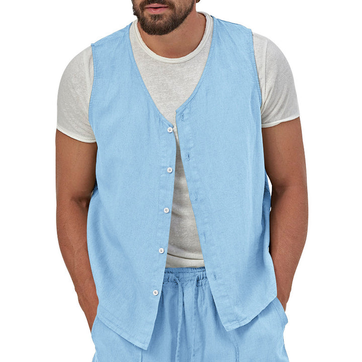 Men's casual sleeveless shirt waistcoat made of linen-cotton blend with V-neck and full button placket StylebySassy
