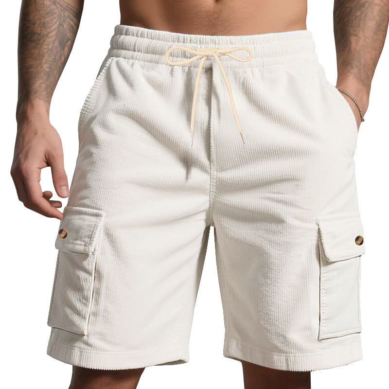 Men's cord cargo shorts with elastic drawstring waistband, patch cargo pockets, and soft cotton blend StylebySassy