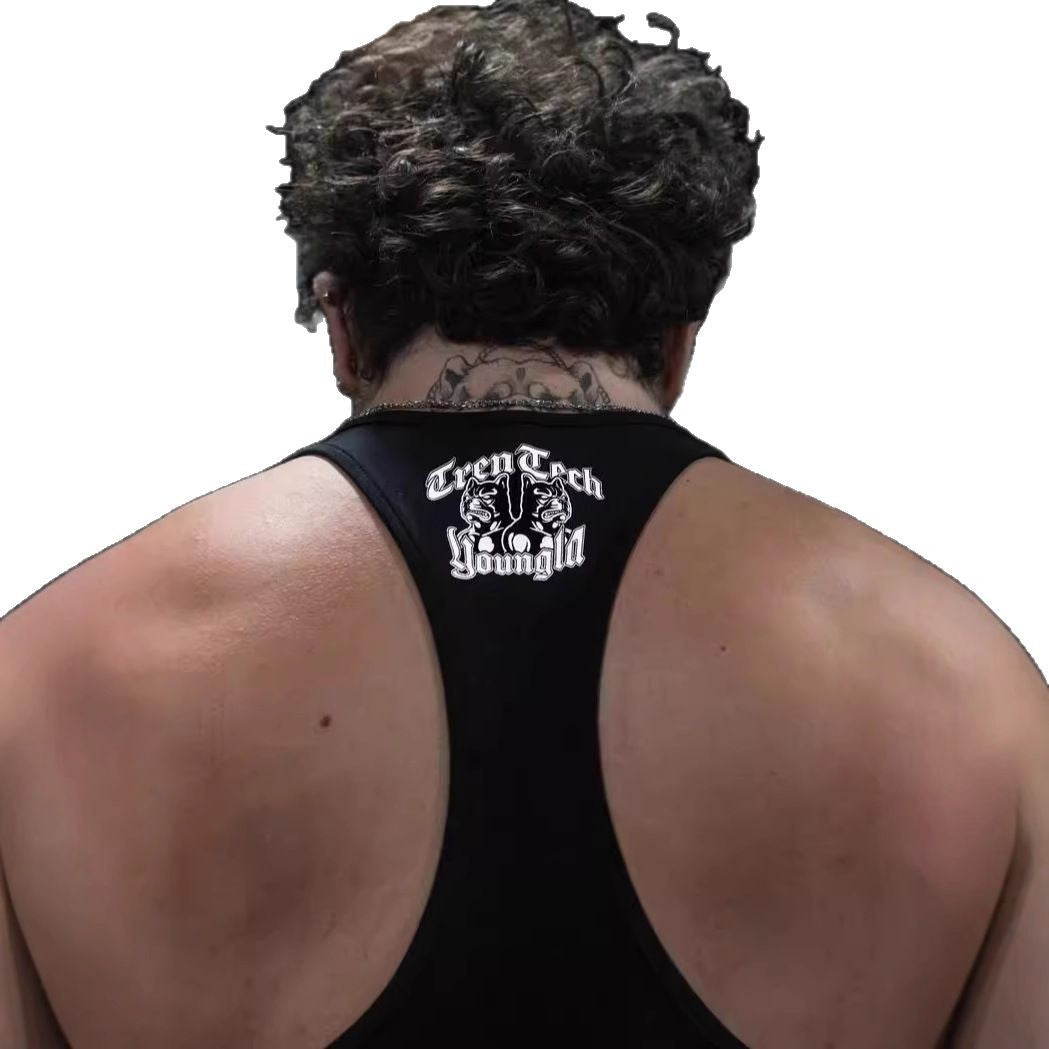 Men's form-fitting fitness tank top with bulldog graphic and extra deep armholes StylebySassy