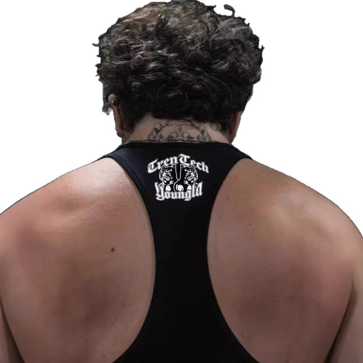 Men's form-fitting fitness tank top with bulldog graphic and extra deep armholes StylebySassy