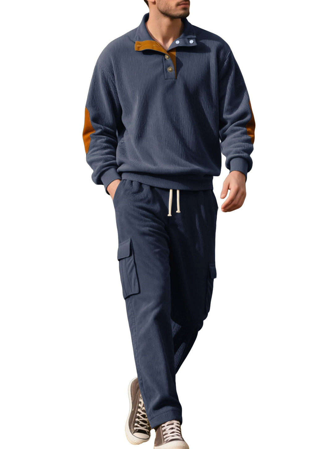 Men's structured turtleneck pullover with stand-up collar, press stud placket, and velour elbow patches StylebySassy