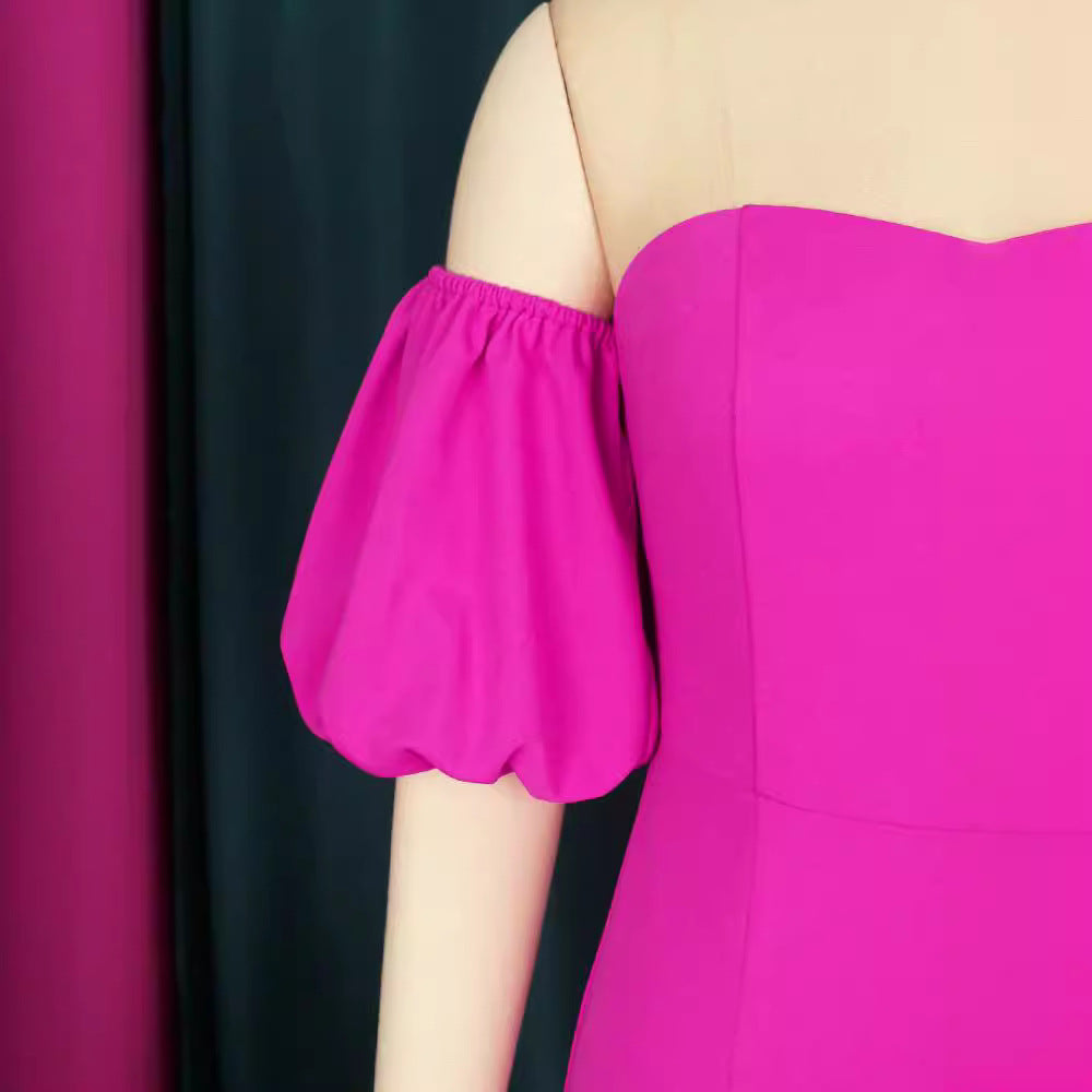 Women's Figure-Hugging Evening Dress with Voluminous Puff Sleeves and Ruffle Hem