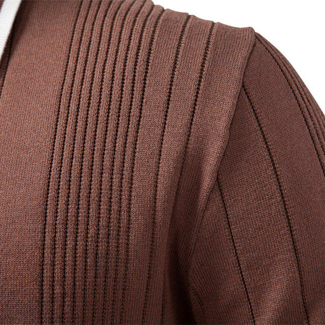 Men's long-sleeved polo sweater made of fine knit with vertical ribbed intarsias and contrast edges StylebySassy