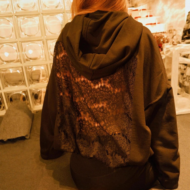 Ladies' oversized hooded sweater with floral lace insert on the back StylebySassy