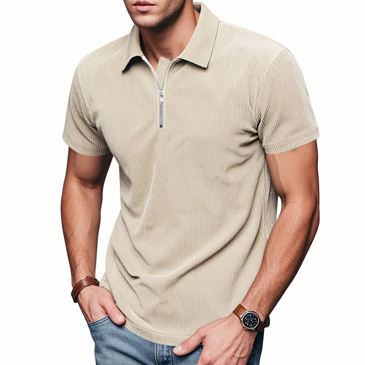 Men's short-sleeved polo with a short zipper at the collar and fine ribbed texture StylebySassy