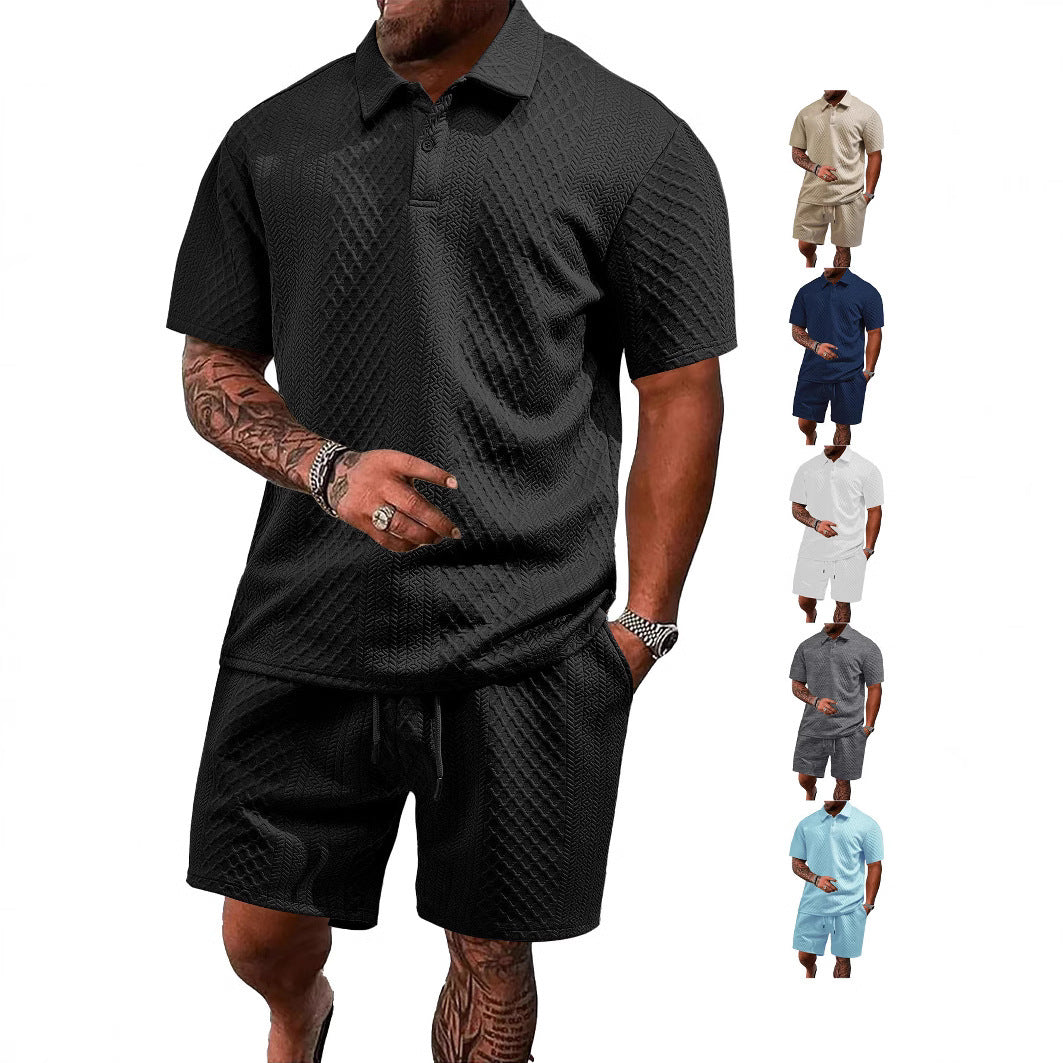 Men's embossed waffle polo with Kent collar and elastic drawstring shorts set StylebySassy