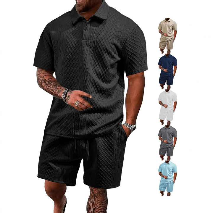 Men's embossed waffle polo with Kent collar and elastic drawstring shorts set StylebySassy