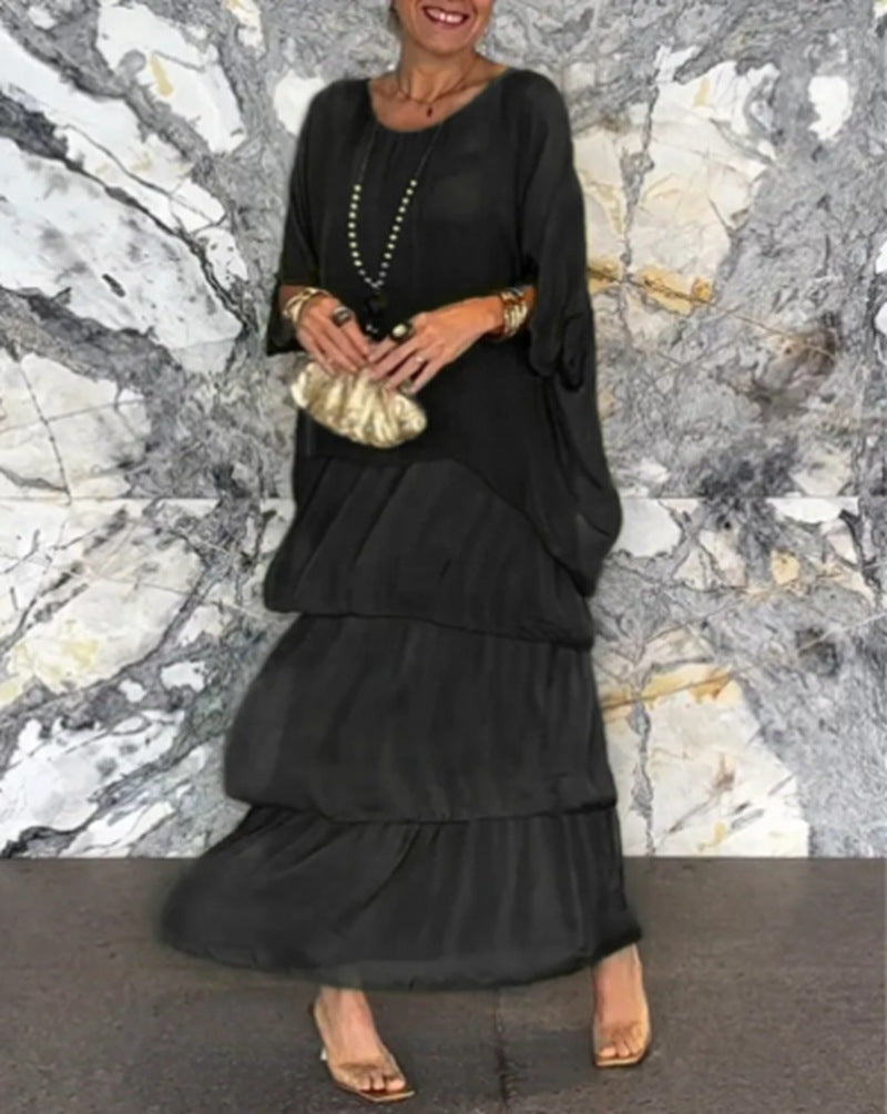 Women's layered tiered maxi dress with wide batwing top and tiered ruffle skirt StylebySassy
