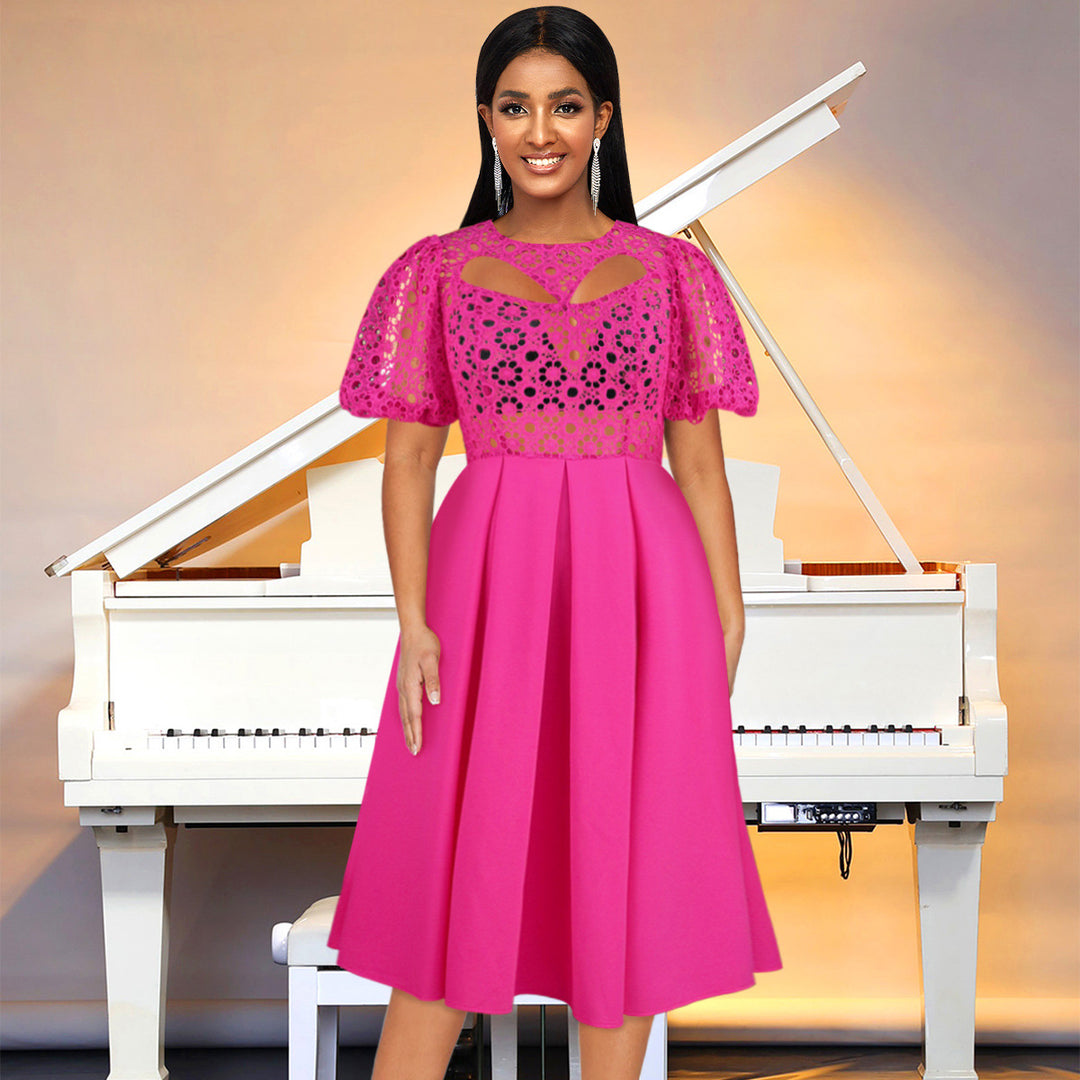 Women's Elegant A-line Dress with Cut-Out Details and Puff Sleeves StylebySassy