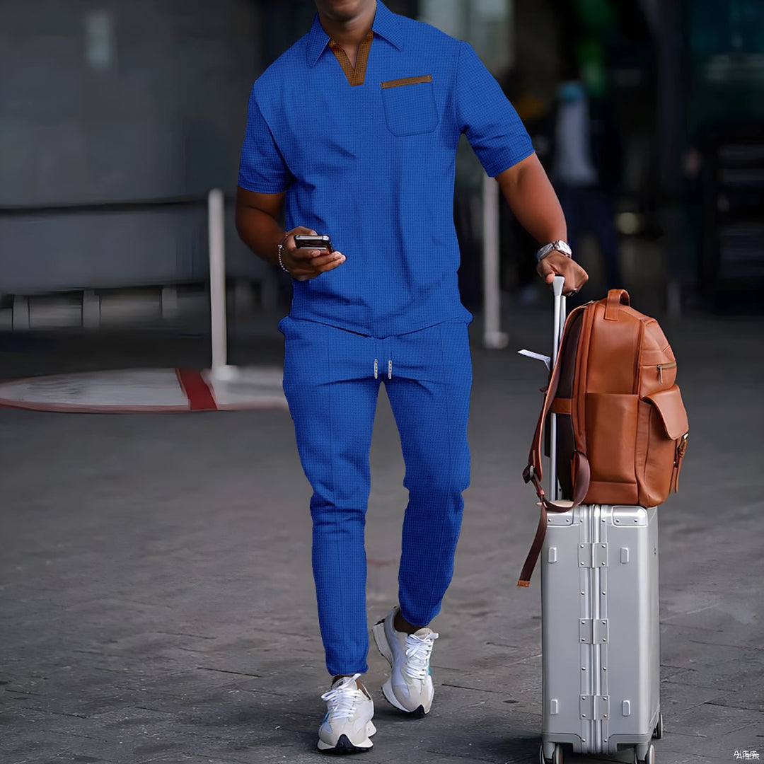 Men's casual leisure set made of elastic jersey with V-neck, chest pocket, and drawstring waistband StylebySassy