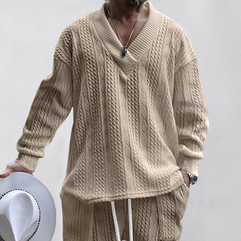 Men's cable knit set with deep V-neck and drawstring joggers StylebySassy