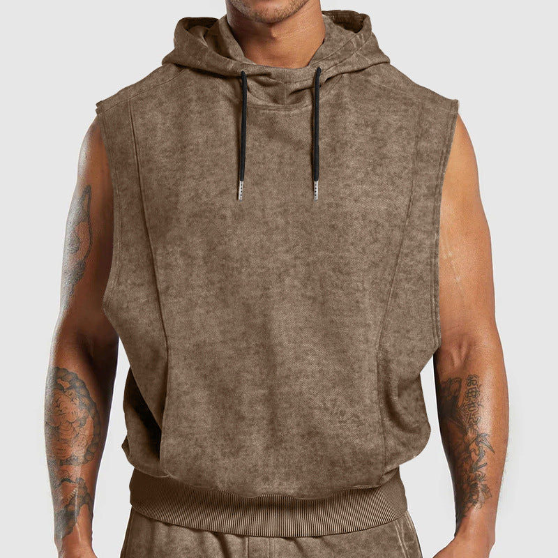 Men's sleeveless hoodie in stone-wash look with deep armholes and ribbed hem StylebySassy