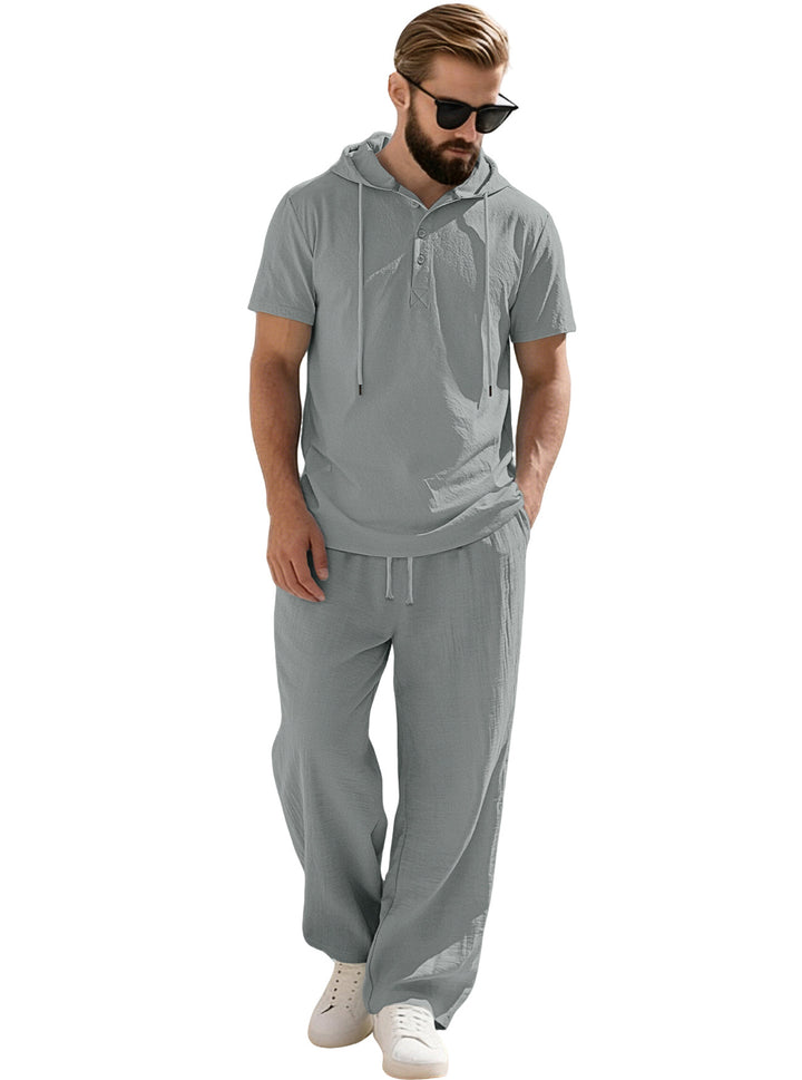 Men's casual short-sleeve hooded shirt in crinkled cotton blend with Henley button placket StylebySassy