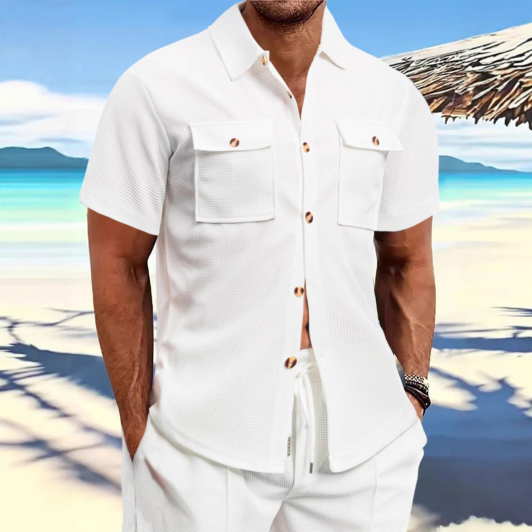 Men's structured waffle lounge set with shirt jacket, chest pockets and corded pants StylebySassy