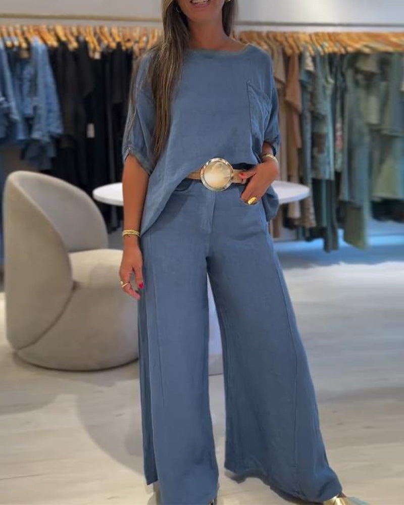 Women's Linen Blend Two-Piece Set with Boxy Oversized Shirt, Chest Pocket and Wide Palazzo Pants StylebySassy