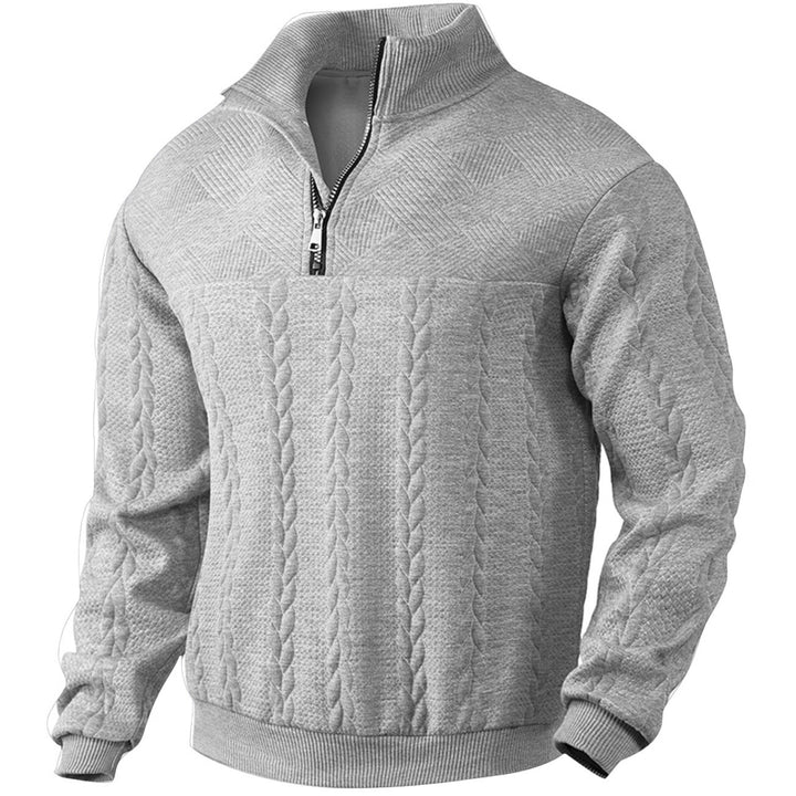 Men's textured knit sweater with half zip, braided cable pattern, and high stand-up collar StylebySassy