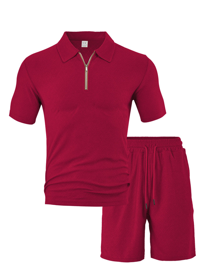 Men's comfortable short sleeve half zip set with polo collar and elastic cord pants made of textured knit StylebySassy