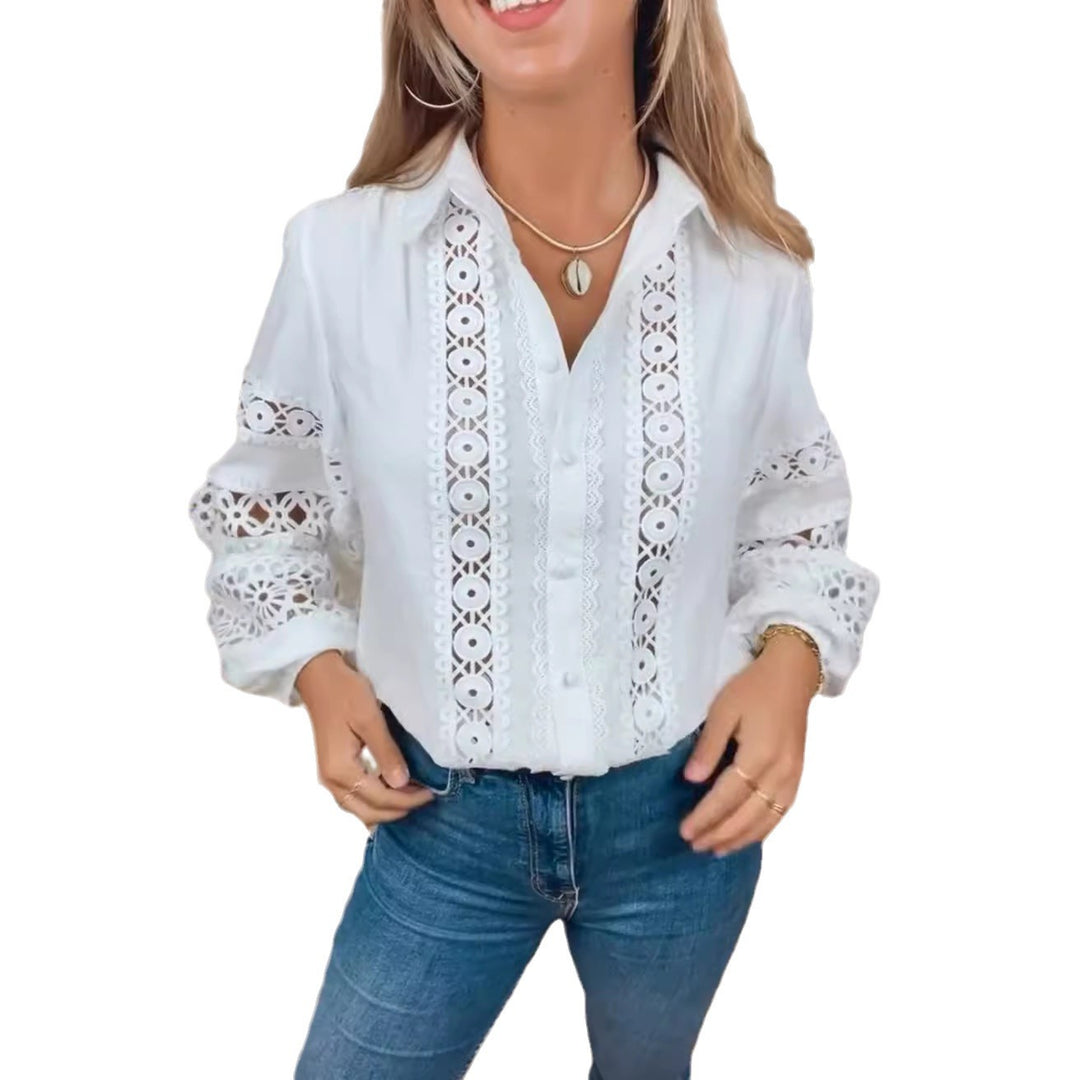 Women's crochet lace blouse with V-neck, perforated embroidery and balloon sleeves StylebySassy