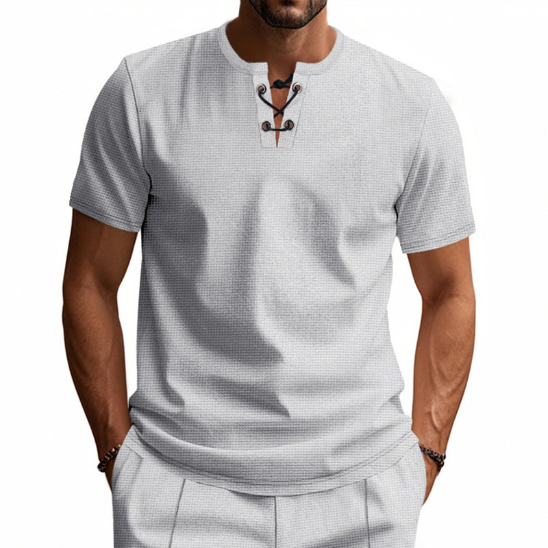 Men's short-sleeve shirt with lacing at the neckline and waffle texture StylebySassy