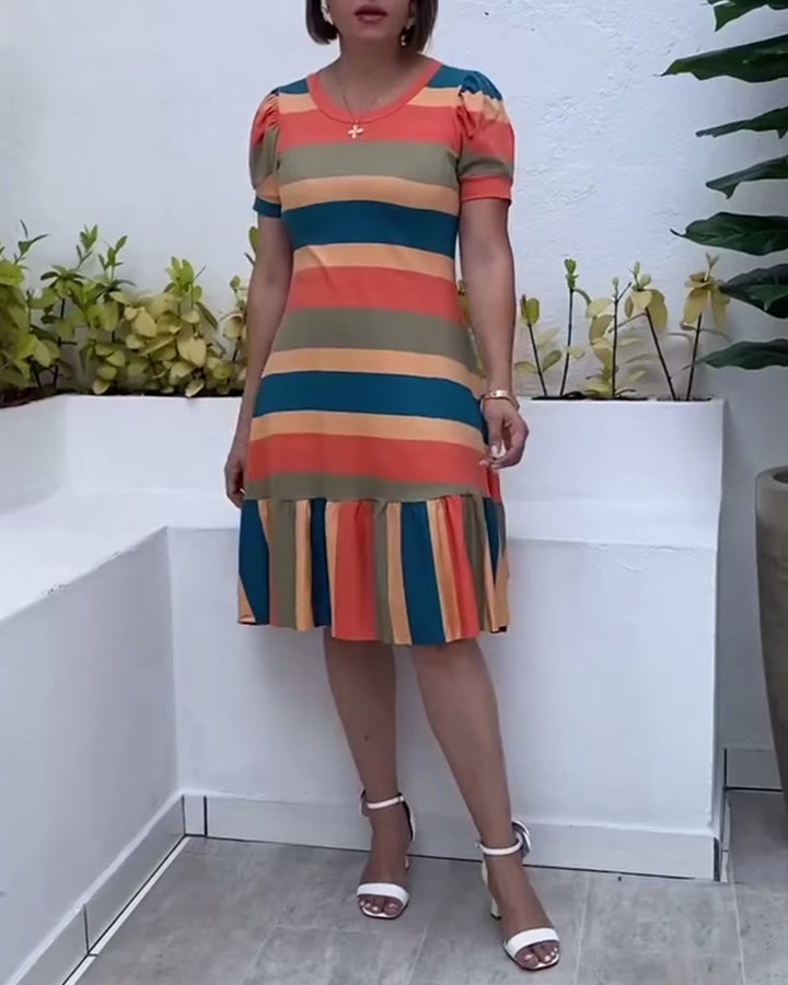 Women's striped jersey dress A-line cut with short puff sleeves and ruffle hem StylebySassy