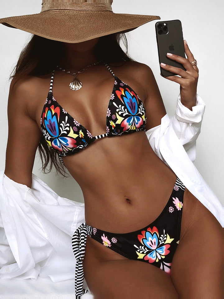 Women's triangle bikini with floral patterns and side knot detail StylebySassy