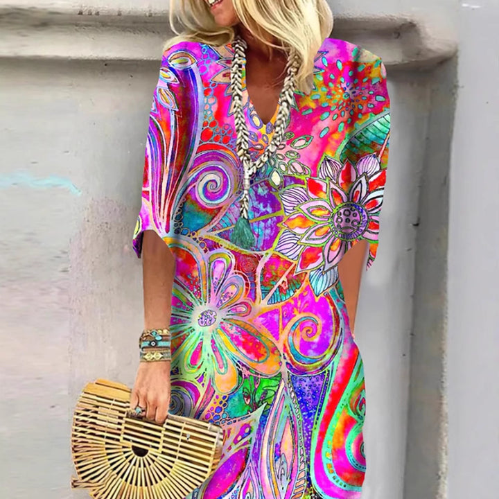 Women's airy Boho caftank dress with V-neck, loose fit and short batwing sleeves StylebySassy