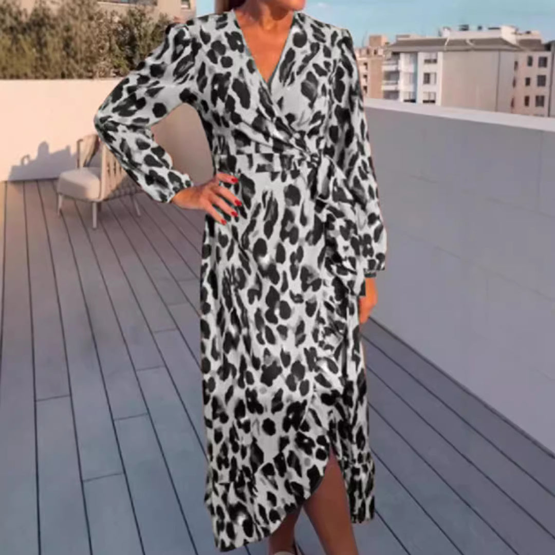 Women’s wrap midi dress with waist tie, V-neck, balloon sleeves and asymmetrical hem StylebySassy