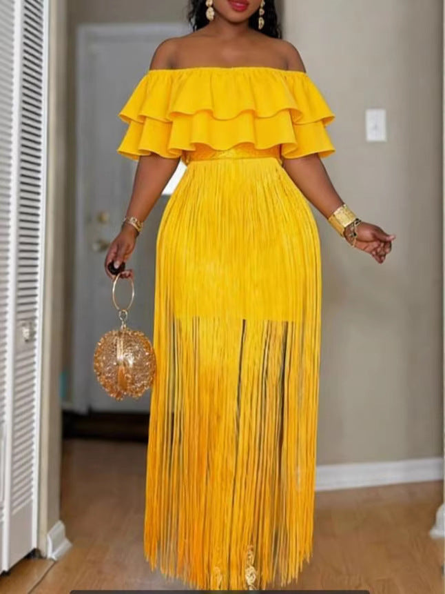Women's Off-Shoulder Dress with Fringed Hem StylebySassy