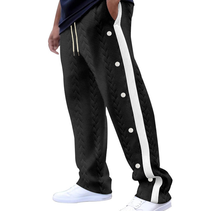 Men's quilted casual pants with continuous snap button placket and contrast stripes StylebySassy