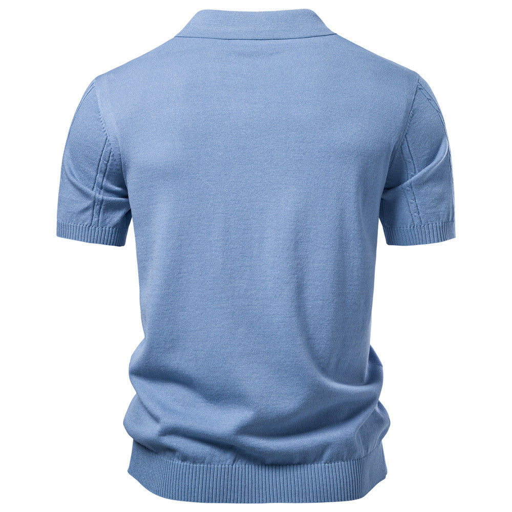 Men's short sleeve knitted polo with textured stripes, ribbed cuffs, and classic polo collar StylebySassy