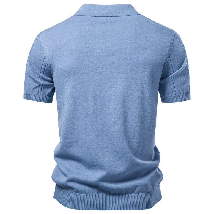 Men's short sleeve knitted polo with textured stripes, ribbed cuffs, and classic polo collar StylebySassy