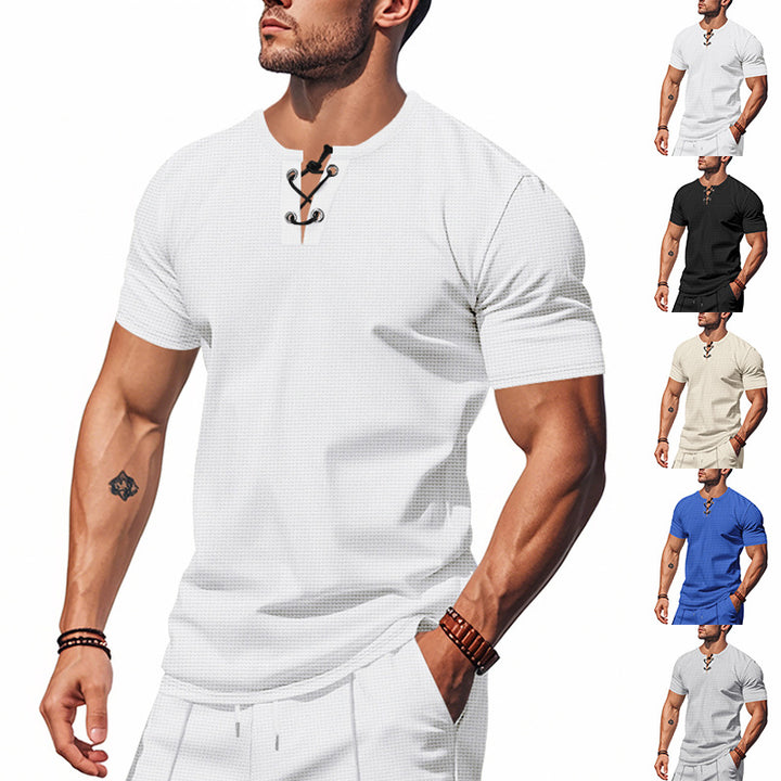 Men's short-sleeve shirt with lacing at the neckline and waffle texture StylebySassy