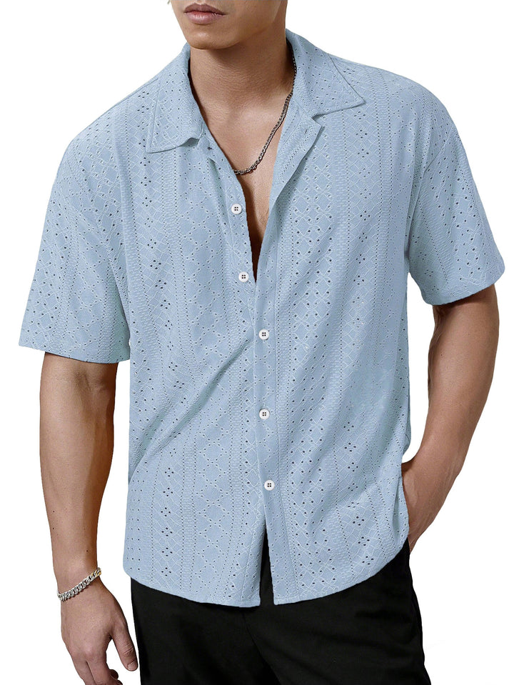 Men's short-sleeve casual shirt with openwork embroidery, lapel collar and relaxed fit StylebySassy