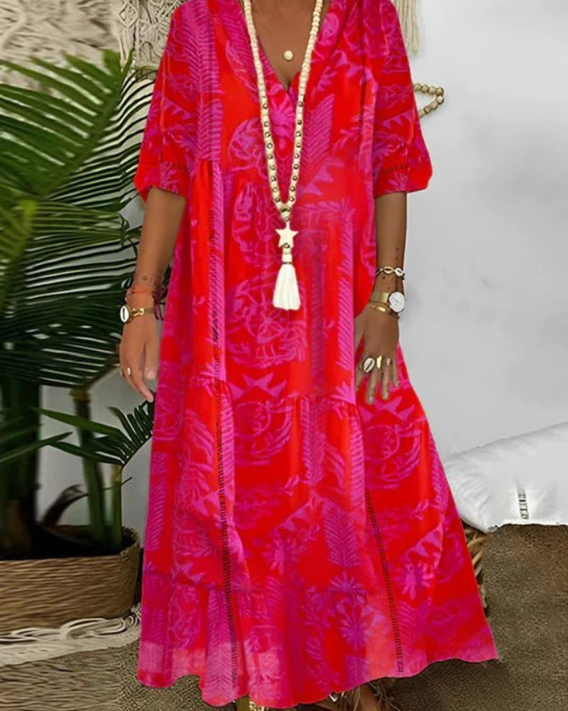 Ladies Boho Long Dress with Deep V-Neck, Tiered Cut and Casual Oversized Fit StylebySassy