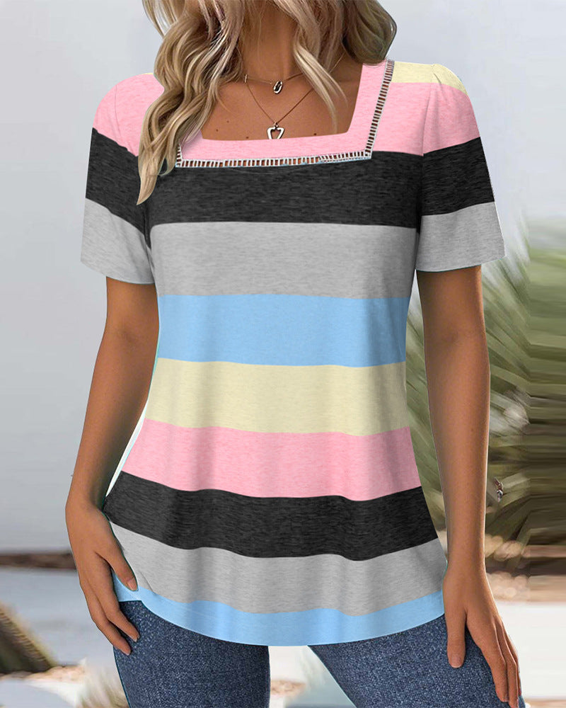 Women's striped jersey long shirt with square neckline and casual hip length StylebySassy