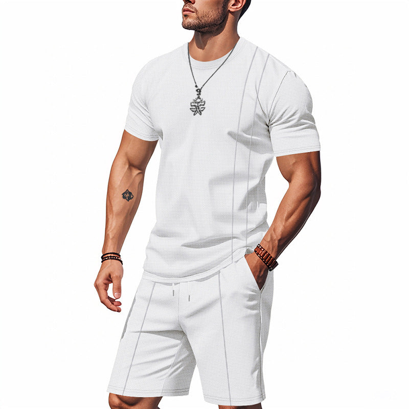 Men's urban waffle jersey ensemble with contrasting decorative seams and loose Bermuda fit StylebySassy
