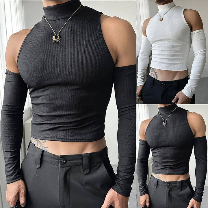 Women's fitted fine knit top with stand-up collar, shoulder cutouts, and long sleeves StylebySassy