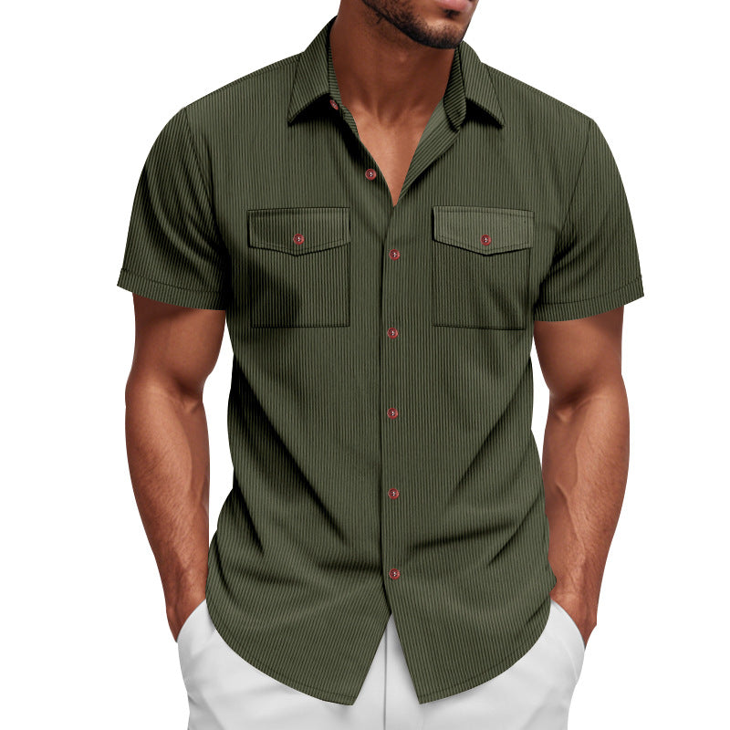 Men's casual short-sleeve shirt with lapel collar, patch flap pockets and fine pinstripe texture StylebySassy