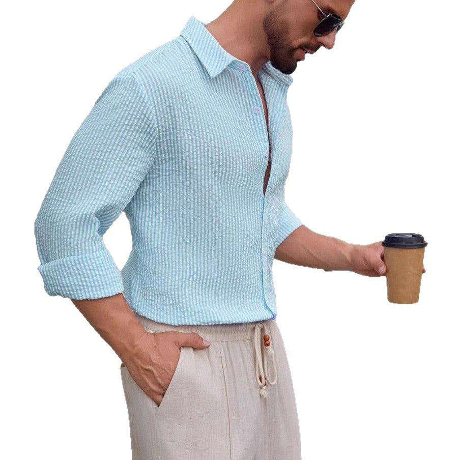 Men's airy seersucker shirt with Kent collar, button placket and rolled-up sleeves StylebySassy