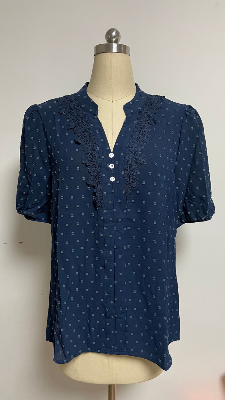 Women's semi-transparent Dobby blouse with stand-up collar, crochet trim, and puff sleeves StylebySassy