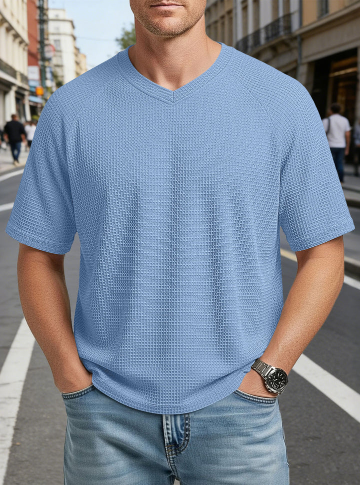 Men's casual V-neck waffle knit T-shirt made of breathable cotton blend StylebySassy
