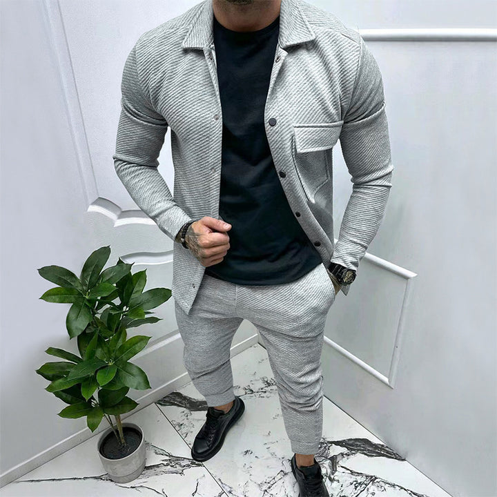 Men's finely structured shirt jacket and sweatpants set with a slim fit StylebySassy