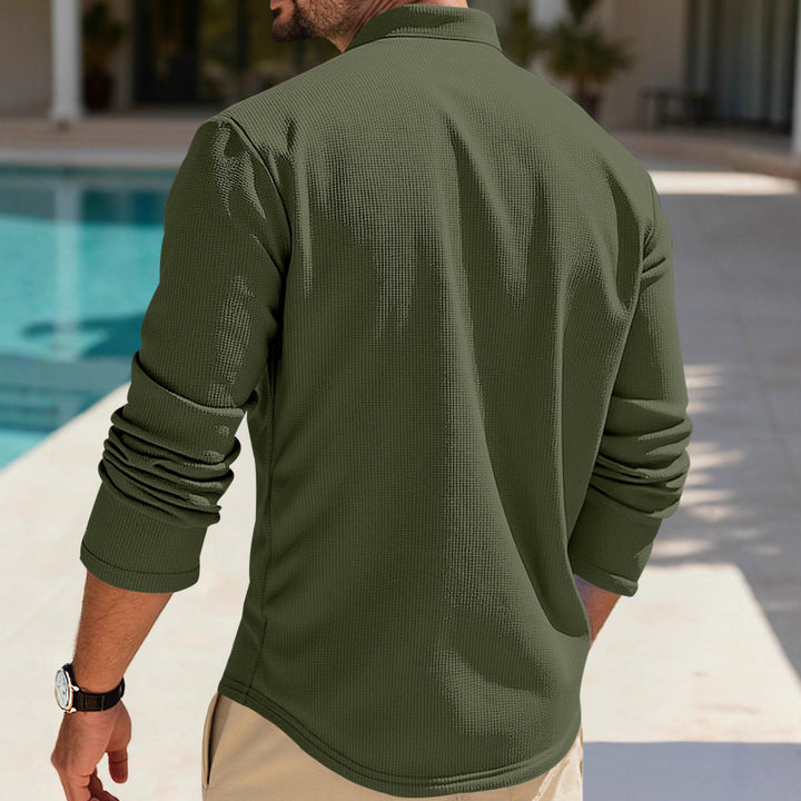 Men's structured long-sleeve henley with Nehru collar and tone-on-tone button placket StylebySassy