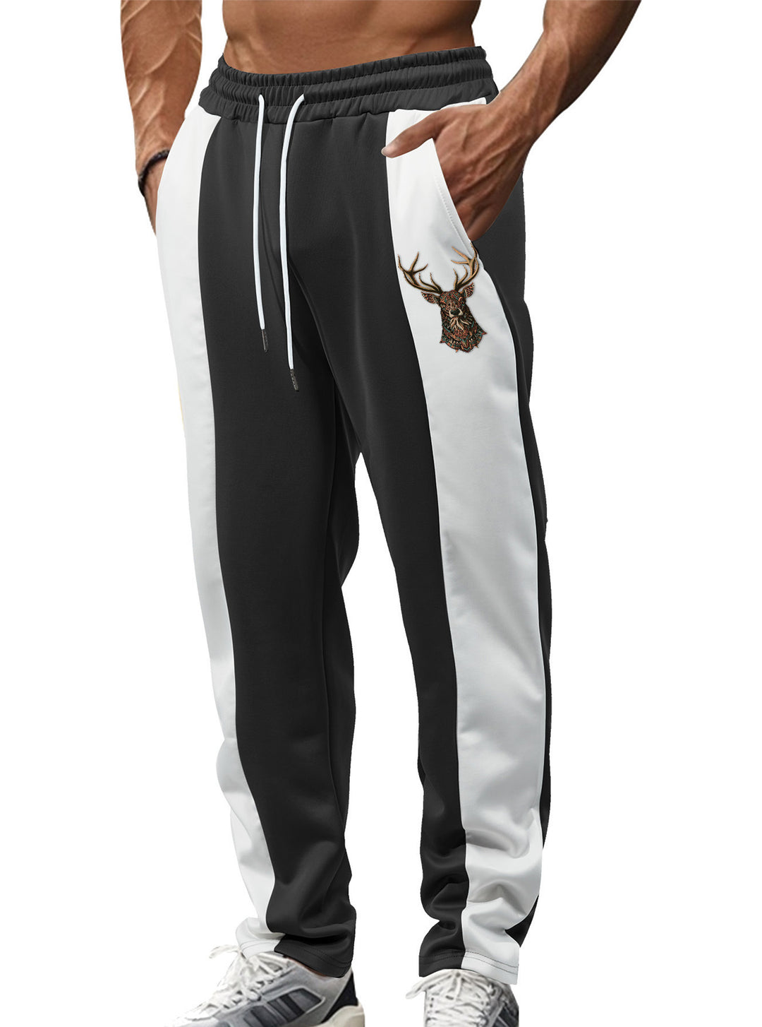 Men's sporty track pants with side contrast stripes, elastic waistband, drawstring, and deer embroidery StylebySassy