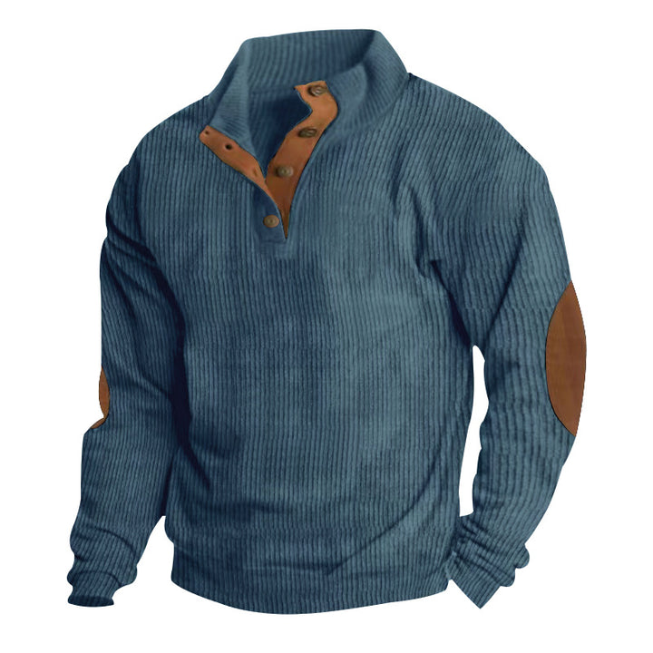 Men's knitted cotton blend sweater with stand-up collar, button placket, and leather-look elbow patches StylebySassy
