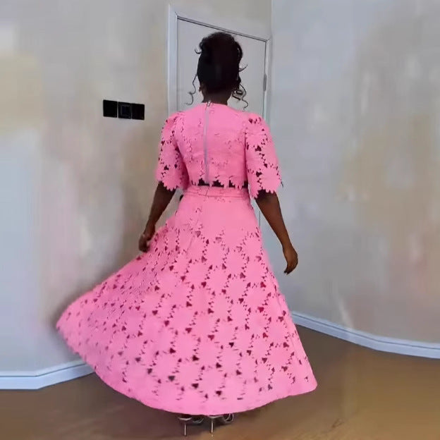 Ladies two-piece guipure lace set with cropped blouse and flared midi skirt StylebySassy