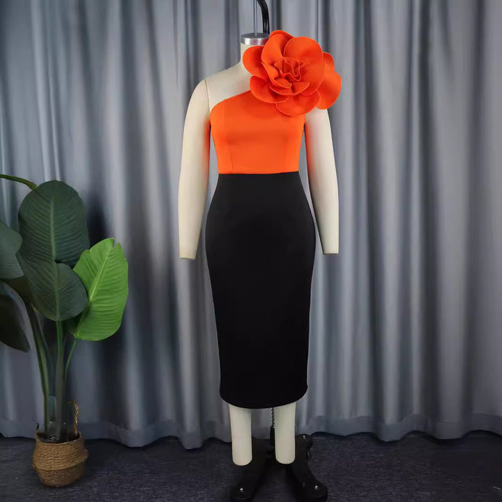 Women fitted dress with asymmetric floral accent StylebySassy