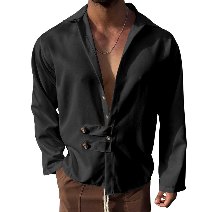 Men's modern long-sleeved shirt with deep neckline and asymmetrical strap look StylebySassy