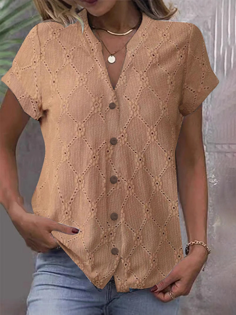 Women's short-sleeved embroidery blouse with V-neck and continuous button placket StylebySassy