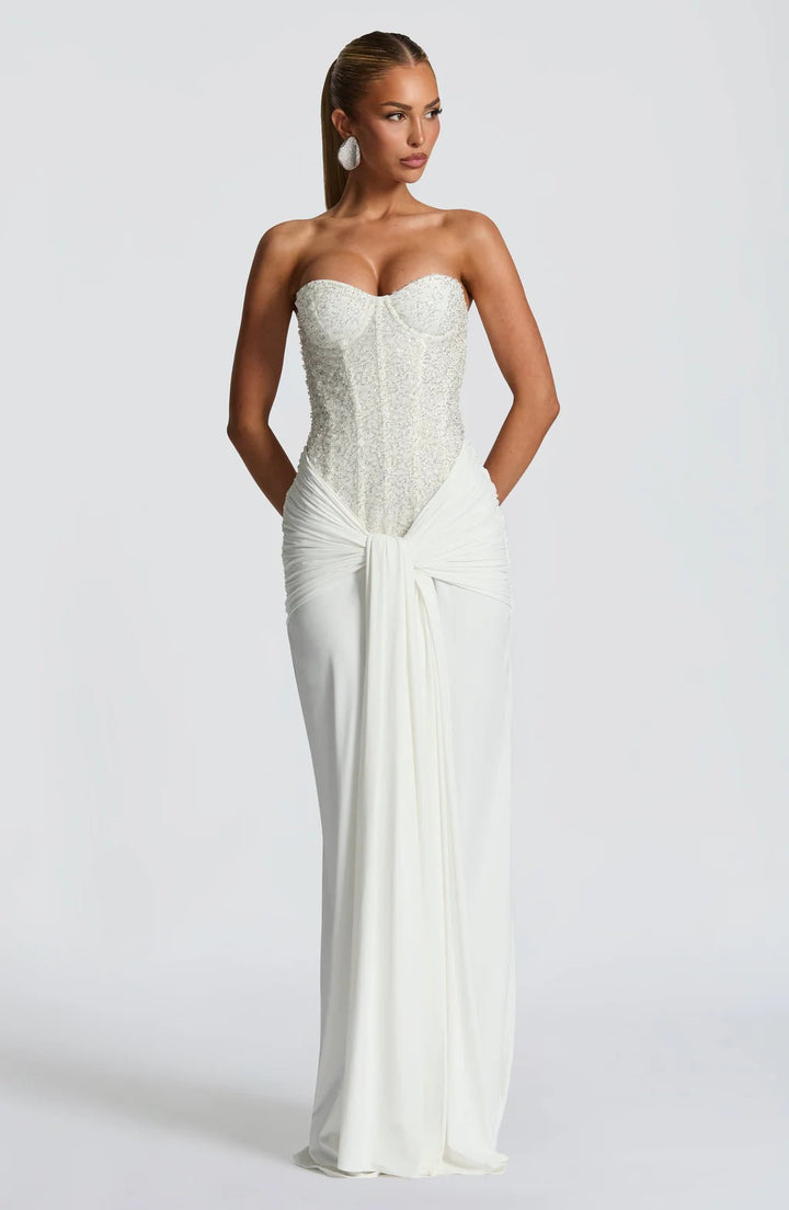 Women's Strapless Glamour Evening Dress with Draped Waist StylebySassy